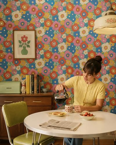 Retro Groovy Floral Peel and Stick Wallpaper Removable Boho 70s 9in×19.7ft - color: Light Blue/Colorful