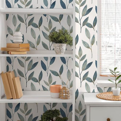Modern Blue Leaf Peel and Stick Wallpaper 17.7" x 70.8" - color: Navy Blue/Gold, size: 17.7" x 70.8"
