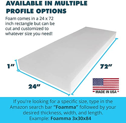 FOAMMA 1" x 24" x 72" High Density Upholstery Foam Cushion,Seat Replacement, Upholstery Sheet, Foam Padding Made in USA!!!, 1 Count (Pack of 1) - color: High Density, size: 1" x 24" x 72", style: 1 Pack