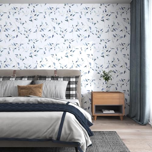 Laatse Light Leaf Floral Wallpaper Peel and Stick 17.5" x 118", White Blue - color: Blue, size: 17.5" x 118"
