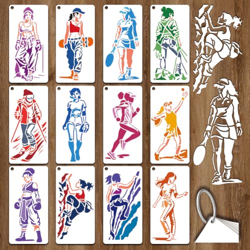 12 Sheets Women's Exercise Stencil for Painting, Woman Practicing Drawing Stencil Sports Theme Stencils Reusable Lady Motivational Template for Painting on Wall Wood Home Decor - style: Female Exercise