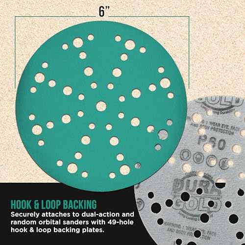 Dura-Gold 220 Grit 6" Green Film Sanding Discs, 49-Hole Pattern, Box of 50 - style: 220 Grit