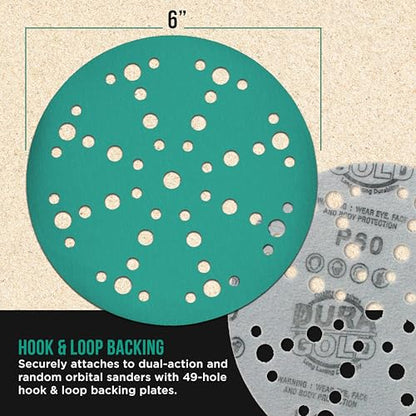 Dura-Gold 220 Grit 6" Green Film Sanding Discs, 49-Hole Pattern, Box of 50 - style: 220 Grit
