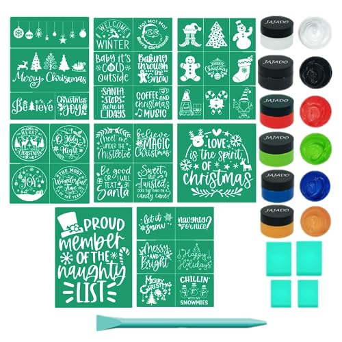 JAJADO Chalk Paste Paint for Christmas Stencils Set 20 Pcs, Winter Silk Screen Reusable Adhesive Print Xmas Mesh Transfers for Craft on Wood DIY T-Shirt Gift Card - color: Christmas Paint Set