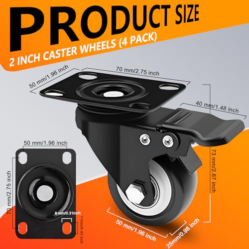 2" Black Caster Wheel Set of 4, Swivel Plate Casters with Brake - color: Black, size: 2 IN