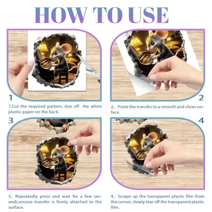 GLOBLELAND 4 Sheets 3D Mouse Rub on Transfers Mousehole Furniture Decor Transfers Animals Decal Transfers Stickers for Bedroom Living Room Desk Table Decoration - style: Mouse
