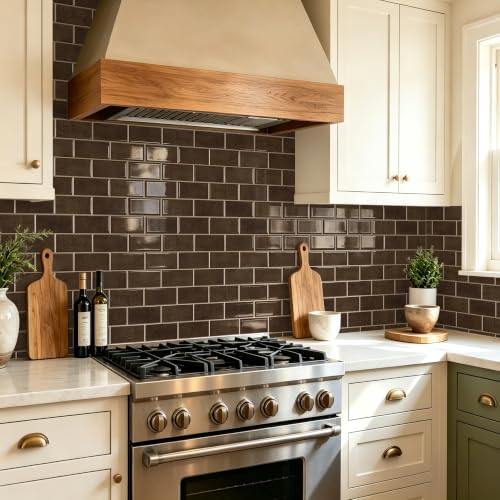 Alwayspon 12x6inchx10P 3D Vinyl Deep Brown Peel and Stick Wall Tile Sticker - color: Deep Brown