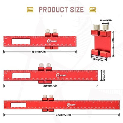 Precision Metal Slide Stop Scribing Ruler - 12, 8 & 6 Inch, Adjustable Measuring & Marking for Woodworking - color: Red