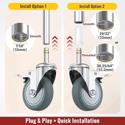 HOLKIE Stem Caster Wheels 3 inch Locking Casters Set of 4, 7/16-Inch Stem Diameter Swivel Castor Heavy Duty TPR Rubber Replacement Castors for Cart, Stool, Mop Bucket, Grill, Shop Vac - style: 3 inch-165LBS(With Brake)