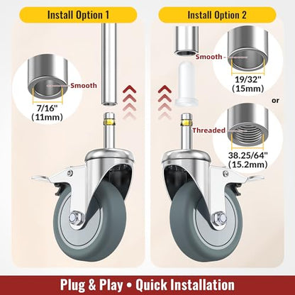 HOLKIE Stem Caster Wheels 3 inch Locking Casters Set of 4, 7/16-Inch Stem Diameter Swivel Castor Heavy Duty TPR Rubber Replacement Castors for Cart, Stool, Mop Bucket, Grill, Shop Vac - style: 3 inch-165LBS(With Brake)