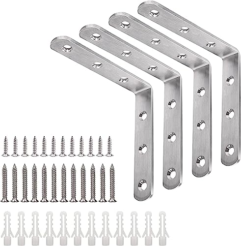 YUMORE 4x4 Inch L Bracket, Heavy Duty Corner Brace, Stainless Steel, 4 Pack - color: Brushed Nickel, size: 4"x4"
