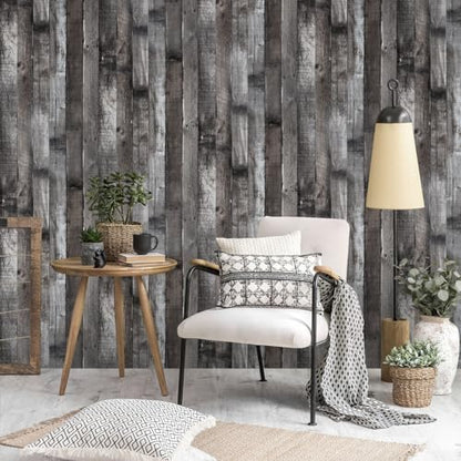 Peel and Stick Wood Wallpaper Grey/Black Vinyl 17.3"×120" Contact Paper Self Adhesive Thick Waterproof Self Adhesive for Cabinets liveroom - color: Grey/Black, size: 17.3" x 120"
