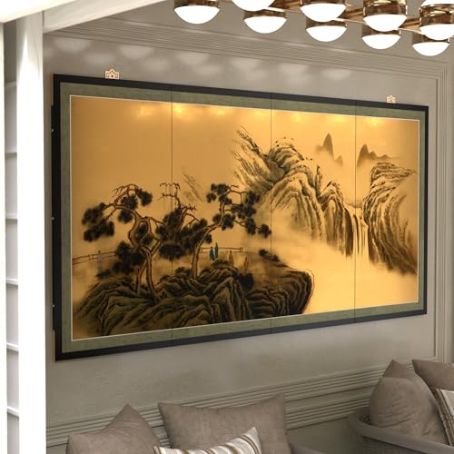 Red Lantern Mountaintop Waterfall on Gold Leaf - color: Mountain Waterfall