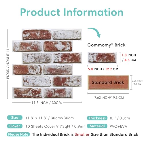 Commomy Faux Brick Panels Peel and Stick Wall Stickers 10 Pcs 11.8" x 11.8" - color: BRICK-PYU