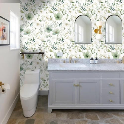 Sage Green Floral Peel and Stick Wallpaper 17.7" x 118" - color: Sage Green & White, size: 17.7" x 118"