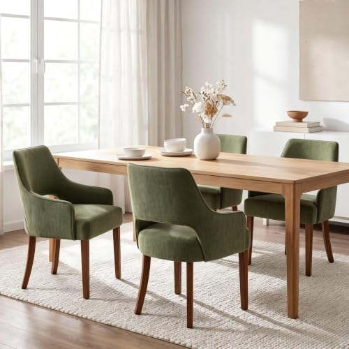 chairus Farmhouse Dining Chairs with Arms Set of 4, Chenille Upholstered Kitchen Chairs, Curved Open Back Dining Room Chairs with Thick Cushion & Walnut Wood Legs, Green - color: Green