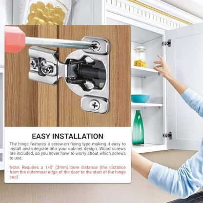 25 Pack Rok Hardware 105-Degree Opening Angle 7/16" (11mm) Overlay Screw-On 2-Cam, 6 Way Adjustable Soft-Close Face Frame Cabinet Hinges, Nickel Plated Finish - H8Q045H