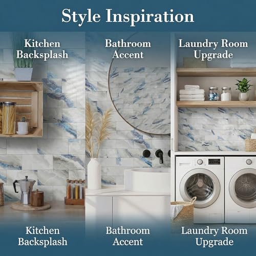 32 Sheets Blue Agate Marble Peel & Stick Subway Tile 4"x8" - color: Blue Agate Marble, size: 32 Pcs 4" x 8" x 0.07"