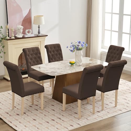 LOULENS Fabric Dining Chairs Set of 6, Upholstered Kitchen Chairs, Brown - color: Brown, size: Set of 6