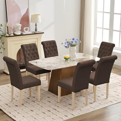 LOULENS Fabric Dining Chairs Set of 6, Upholstered Kitchen Chairs, Brown - color: Brown, size: Set of 6