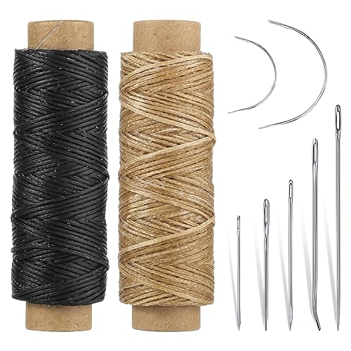 110Yards Waxed Thread with 7 Pcs Leather Needles for Hand Sewing - color: Black+Khaki