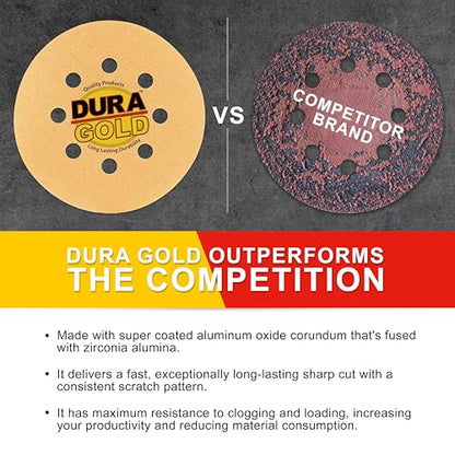 Dura-Gold 5" Gold Sanding Discs, 120 Grit, Box of 50, 8 Hole Pattern, H & L - size: 120-Grit - Gold
