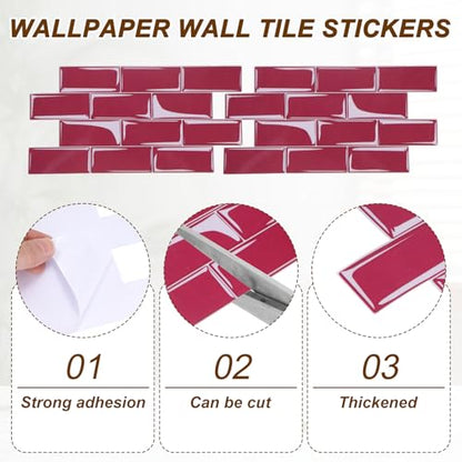 HARFINGTON Peel and Stick Backsplash Tiles 9.4"x4.7" Burgundy, 10Pcs - color: Burgundy
