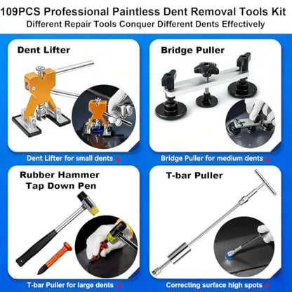 109PCS Dent Removal Kit with T-Bar Slide Hammer & Bridge Puller for Cars - size: Dent Puller Kit-109 Pack