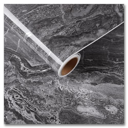 CRE8TIVE Dark Grey Silver Marble Contact Paper Waterproof 12"x354" Slate Marble Wallpaper Peel and Stick Countertops Self Adhesive Removable Kitchen Wallpaper Marble Vinyl Roll for Tables Shelf Liners - color: Glossy Dark Grey Silver, size: 12" x 354"