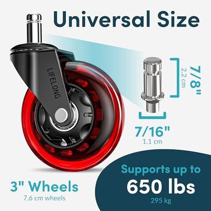 Lifelong Office Chair Wheels Replacement, Heavy Duty, Red, 5-Pack Fits 98% - color: Red & Clear, size: 3 Inch