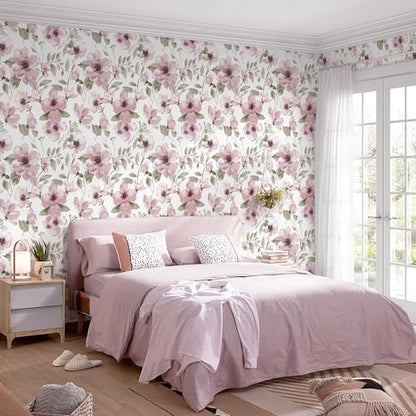 17.3''x78.7''Peel and Stick Wallpaper Boho Floral Contact Paper Pink Watercolor Flowers Leaf Wallpaper Removable Self-Adhesive Wall Paper for Bedroom Renter Friendly Vinyl