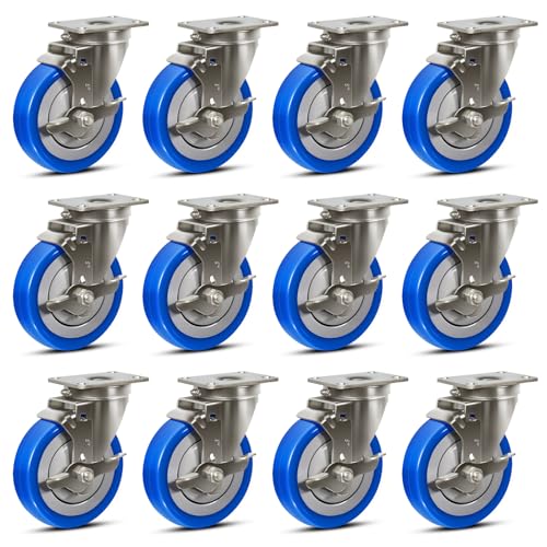 5" Stainless Steel Casters, Swivel Industrial Heavy Duty Casters, Anti-Corrosion Rust-Proof Plate Polyurethane Caster Wheels for Cart, Each Caster Load 350 lbs (12 Brake) - style: 12 Brake