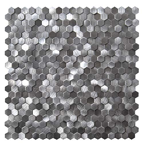 KASARO Peel and Stick Backsplash Tiles, 12" x 12" 3D Gray Hexagon Metal Mosaic Wall Panel, Self-Adhesive Waterproof Kitchen Backsplash for Bathroom, Fireplace, Living Room Decor, 8 Pack - color: Gray