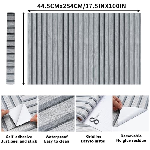 Wood Slat Peel and Stick Wallpaper - 17.5"x100" Gray Oak Vinyl Faux Wood Grating Stripe Contact Paper, Self-Adhesive Waterproof Removable Wall Panel for Bedroom Kitchen Office - Easy Install - color: Lead Gray, size: 17.5" x 100"