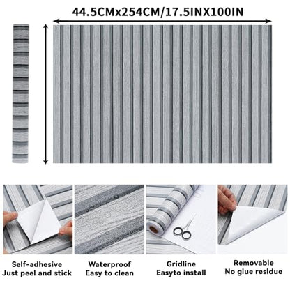 Wood Slat Peel and Stick Wallpaper - 17.5"x100" Gray Oak Vinyl Faux Wood Grating Stripe Contact Paper, Self-Adhesive Waterproof Removable Wall Panel for Bedroom Kitchen Office - Easy Install - color: Lead Gray, size: 17.5" x 100"