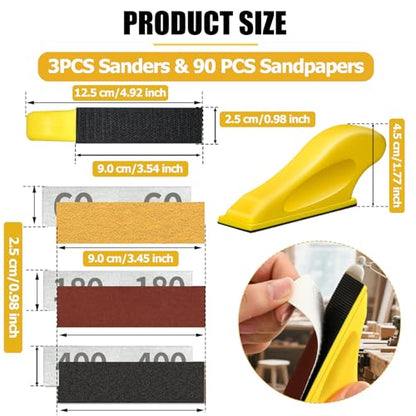 Mini Micro Gator Detail Sander 3 Pack with 90 Sheets 60 80 120 180 240 320 400 600 800 Grit Sandpaper Finger Sander for DIY Crafts Wood Finishing Tight Narrow Polishing