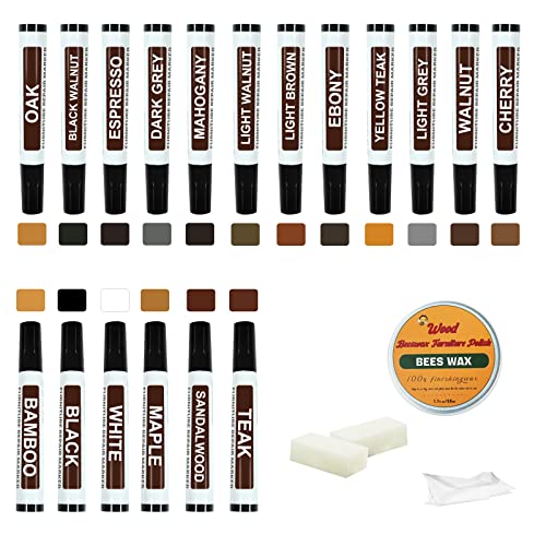 Furniture Markers Touch Up Kit - New Upgrade 18 Colors Wood Scratch Repair Kit with Beeswax Furniture Polish, Wood Markers Pens for Scratches, Stains - Restore Wooden Floor, Table, Cabinet, Bedpost