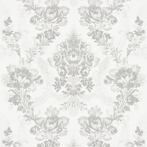 Grey Traditional Wallpaper Peel and Stick Floral Wallpaper 17.5 x 118 in - color: Gray