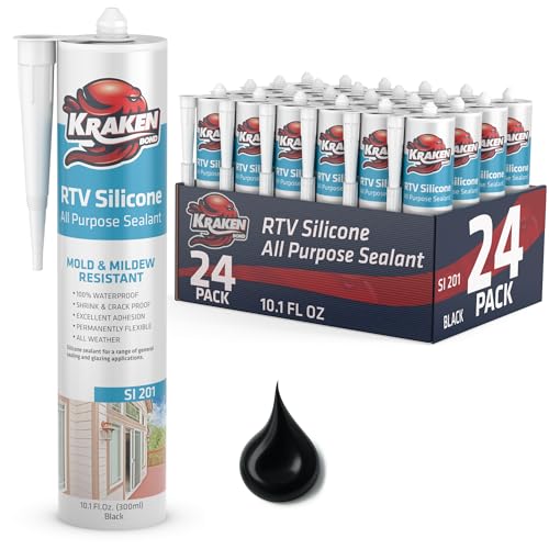 Kraken Bond RTV Silicone Sealant Black (24 x 10.1 fl.oz.)%100 Waterproof Silicone Caulk Kitchen and Bathroom, All Purpose, Window Caulking Sealant Outdoor, RV, 24 Pack - size: 24 Pack