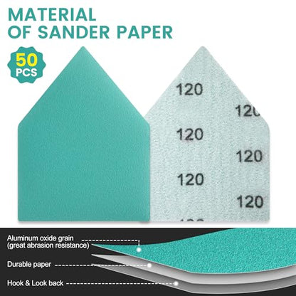 50PCS Detail Sander Sandpaper Compatible with M12 Sanders, 80, 120, 150, 180, 240 Grit (10 of Each) Triangle Sanding Sheets, 3.5 X 2.5in, Heavy Duty Hook & Loop Detail Sanding Paper