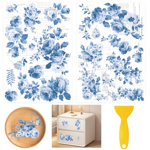 Completely Upgraded Large Size - 30 * 44.5cm UV Sticker, 2pcs Exquisitely Designed Pattern Waterproof Rub On Transfer Stickers For Home Decoration DIY Use - color: Blue Vintage Flowers