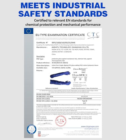 AnTools 25" Heavy-Duty PVC Chemical Gloves, Waterproof Long-Sleeve Work Gloves with Cotton Liner and Non-Slip Grip, for Lab, Pool Cleaning, Oil, and Industrial Work, Blue, Large