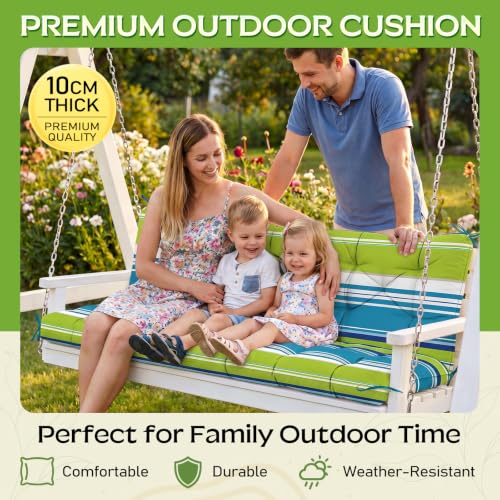 Oxford Fabric Swing Cushions with Backrest & Tie Straps for Patio Bench - color: Teal Stripe