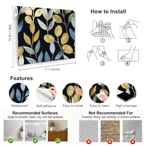 Black and Gold Leaf Peel and Stick Wallpaper 17.7" x 70.8" - color: Blue/gold/Black, size: 17.7" x 70.8"
