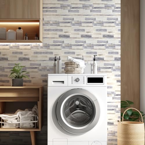 Yew & Tulip Peel and Stick Backsplash Wall Tile, 10-Sheet Metal PVC Mosaic Tiles for Kitchen Backsplash, Beige Wood Grain PVC Mixed Metal Self Adhesive Mosaic Tile (10 PCS/Box, Beige Strip) - color: Beige Strip