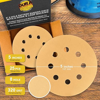 Dura-Gold 5" Gold Sanding Discs, 320 Grit, Box of 50, 8 Hole Pattern, H & L - size: 320-Grit - Gold