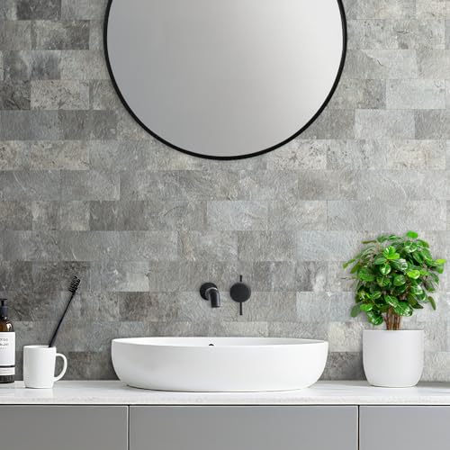 AULIGET 100 Piece Mountain Rock Peel and Stick Backsplash Wall Tiles, 3" x 6" PVC Faux Stone Stick on Tiles for Backsplash Kitchen, Bathroom, Laundry Room, Camper, Fireplace - color: Mountain Rock