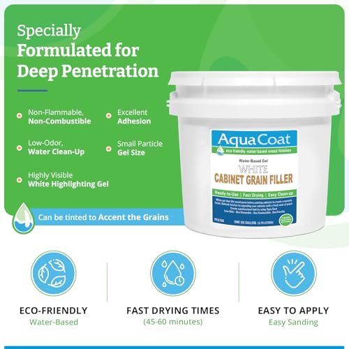 Aqua Coat Water-Based White Cabinet Wood Grain Filler Gel – Fast Drying, Low Odor White Wood Filler, Sandable & Paintable for Interior & Exterior Repairs, Upgrades & Restorations – 1 Gallon - size: Gallon