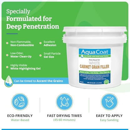 Aqua Coat Water-Based White Cabinet Wood Grain Filler Gel – Fast Drying, Low Odor White Wood Filler, Sandable & Paintable for Interior & Exterior Repairs, Upgrades & Restorations – 1 Gallon - size: Gallon