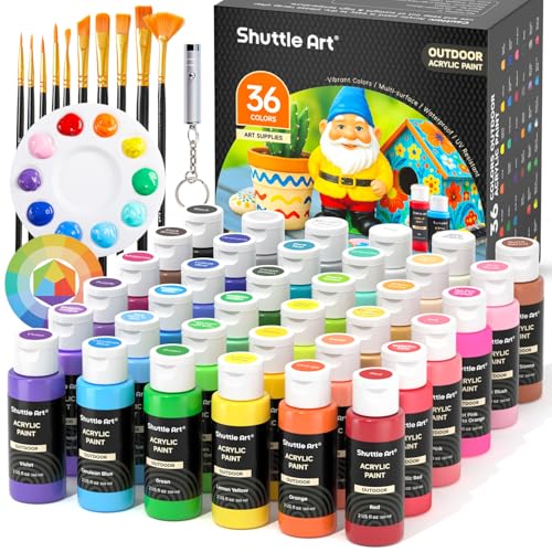 Shuttle Art Outdoor Acrylic Paint Set, 36 Colors 2oz/60ml Waterproof Acrylic Paint with 10 Brushes 1 Palette, Rich Pigmented Paints for Artists, Beginners on Rocks, Wood Crafts, Garden Statues - color: 36 Colors